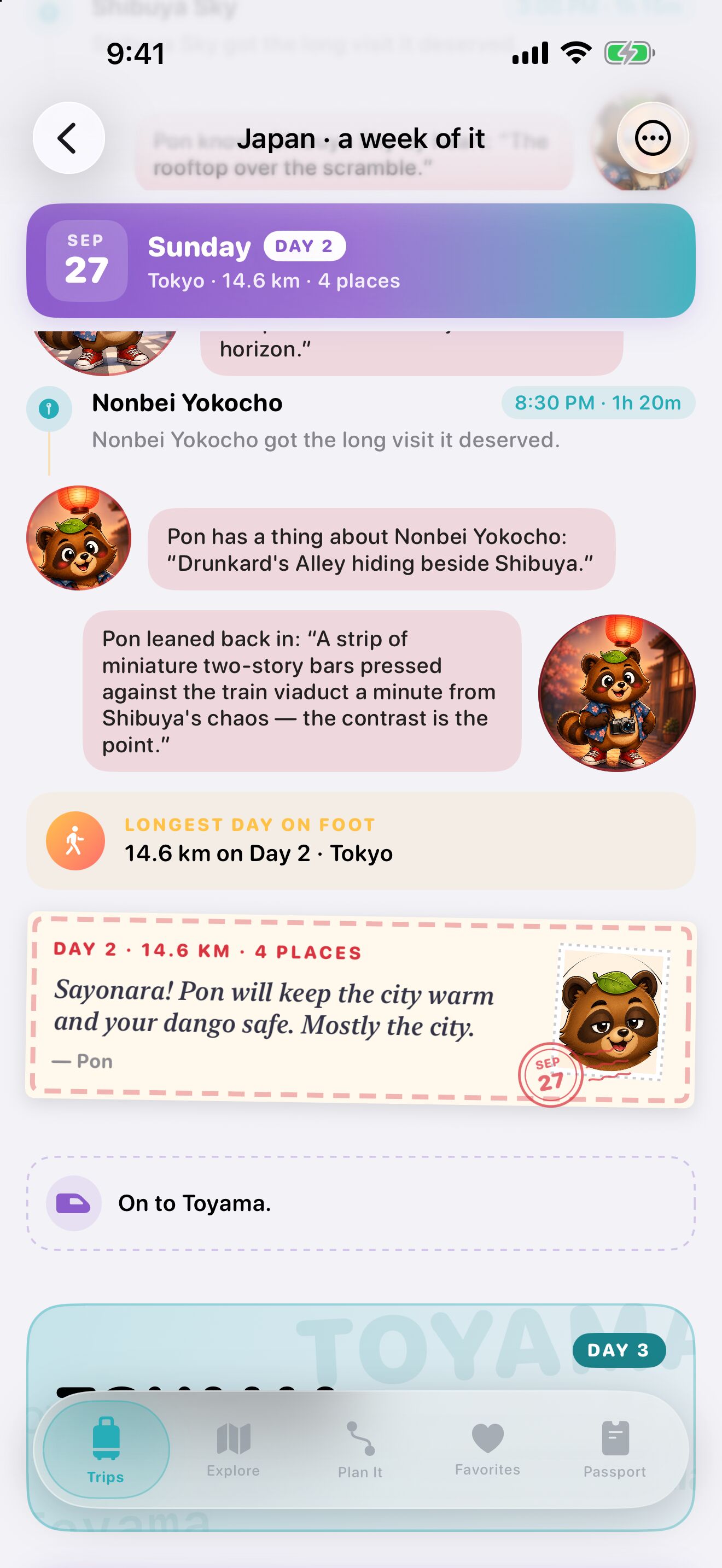 A Ryokōya journey, “Japan · a week of it”: the end of Sunday, day 2 in Tokyo. Pon, Tokyo’s RyokōMate, shares two facts about Nonbei Yokocho, the longest day on foot is 14.6 km, a postcard reads “Sayonara! Pon will keep the city warm and your dango safe. Mostly the city.”, and the next line says “On to Toyama.”